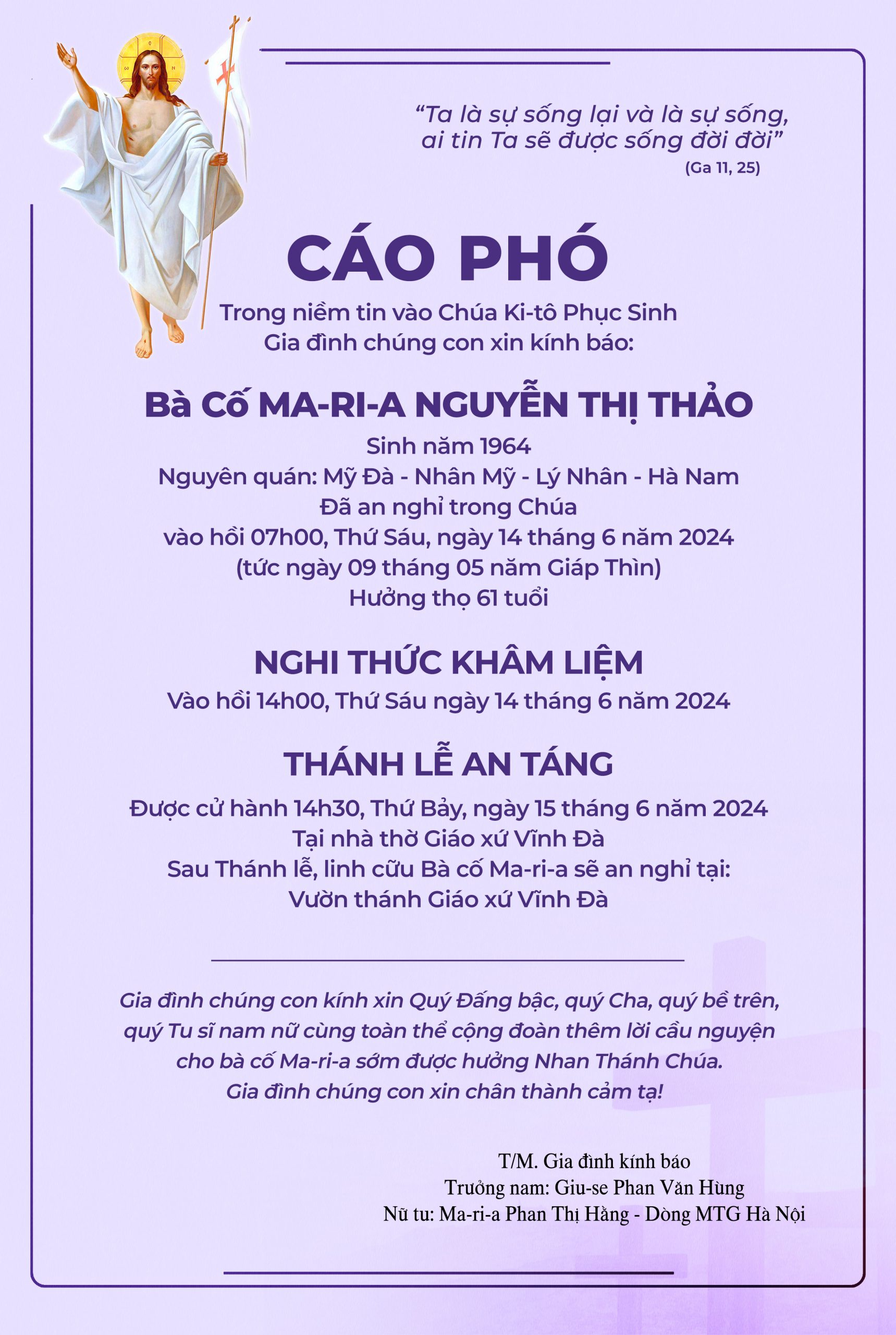 Cáo phó: Bà cố Ma-ri-a Nguyễn Thị Thảo - Thân mẫu nữ tu Ma-ri-a Phan Thị Hằng, Dòng MTG Hà Nội