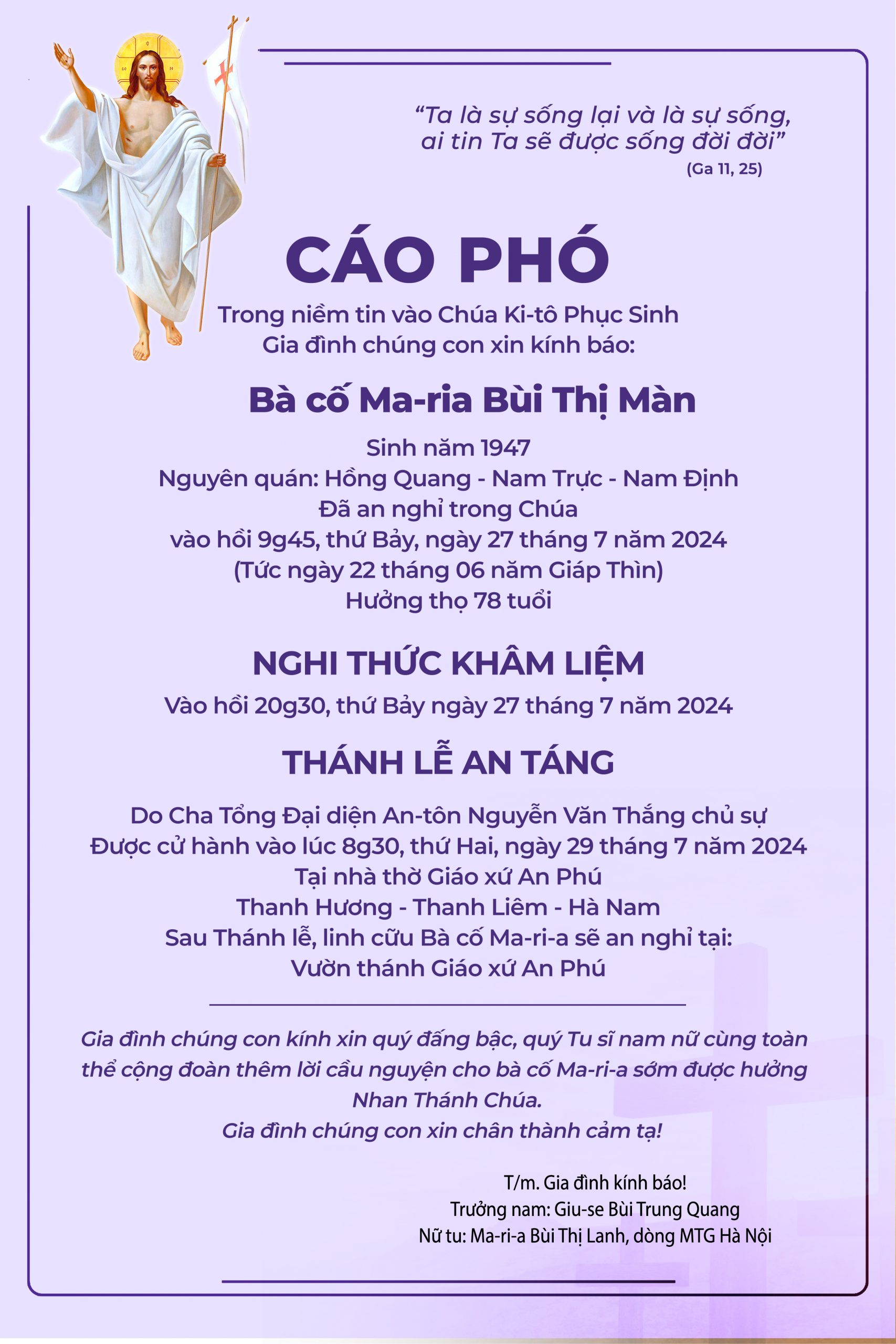 Cáo phó: Bà Ma-ri-a Bùi Thị Màn – Thân mẫu nữ tu Ma-ri-a Bùi Thị Lanh, Dòng Mến Thánh Giá Hà Nội