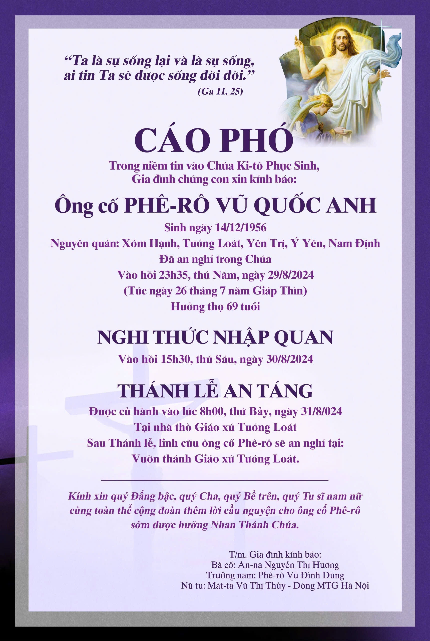 Cáo phó - Ông cố Phê-rô Vũ Quốc Anh - Thân phụ nữ tu Mát-ta Vũ Thị Thủy - Dòng MTG Hà Nội