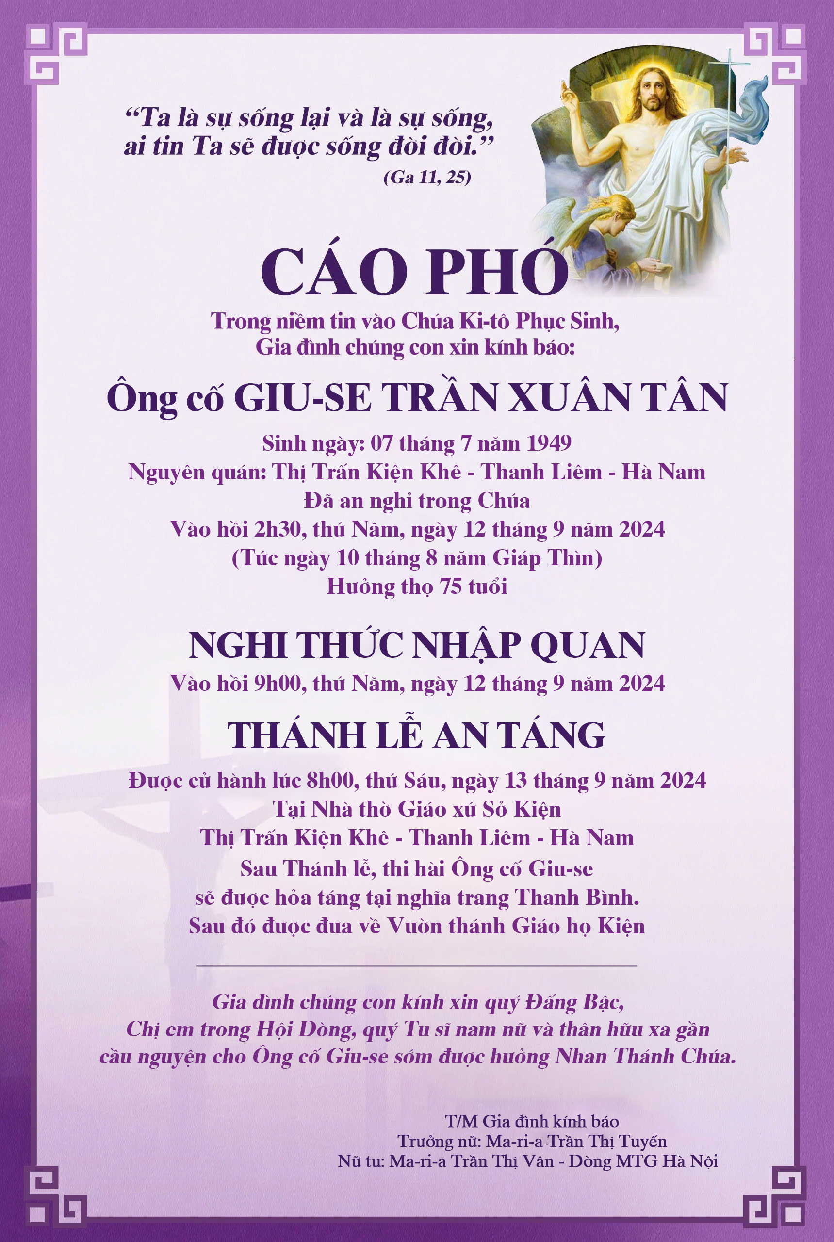 Cáo phó - Ông cố Giuse Trần Xuân Tân - Thân phụ Nữ tu Maria Trần Thị Vân - Dòng MTG Hà Nội